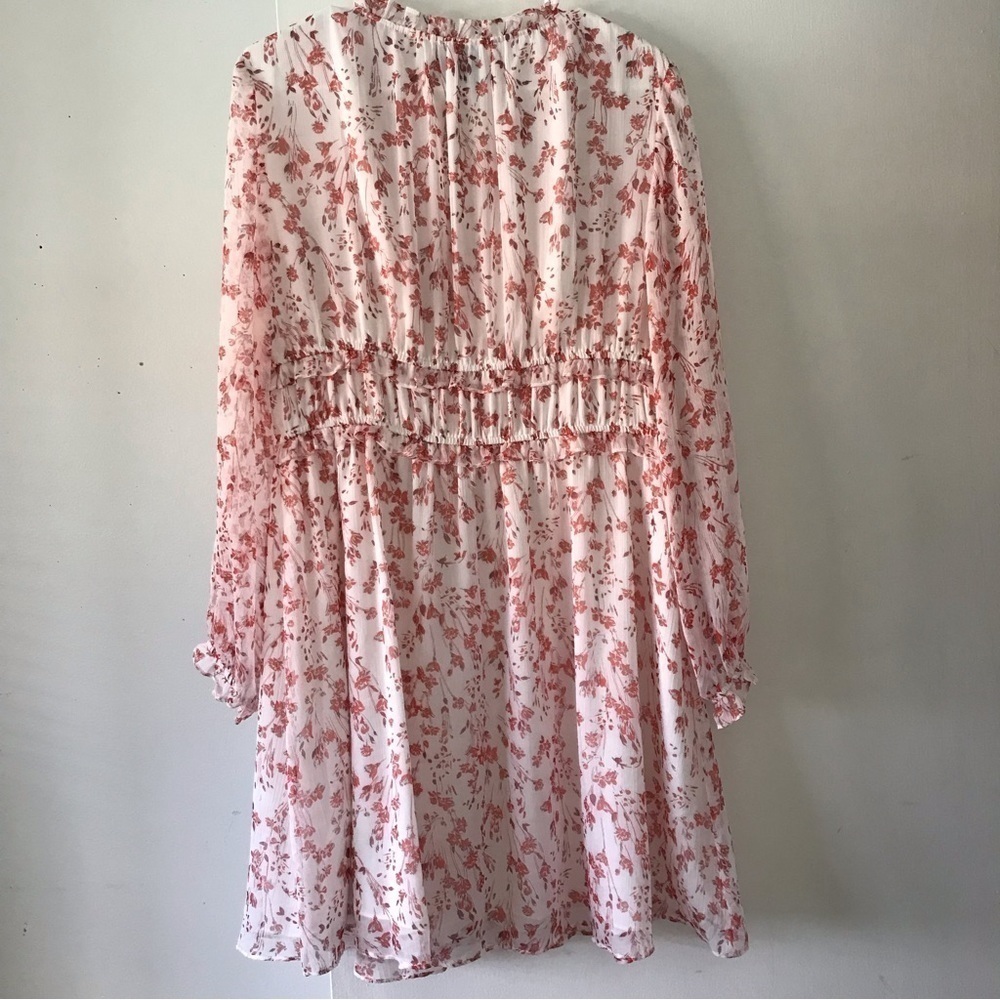 CeCe Floral Chiffon Tie Neck Ruffle Dress Size 12 White Red Sheer Sleeve Wedding - Picture 5 of 17